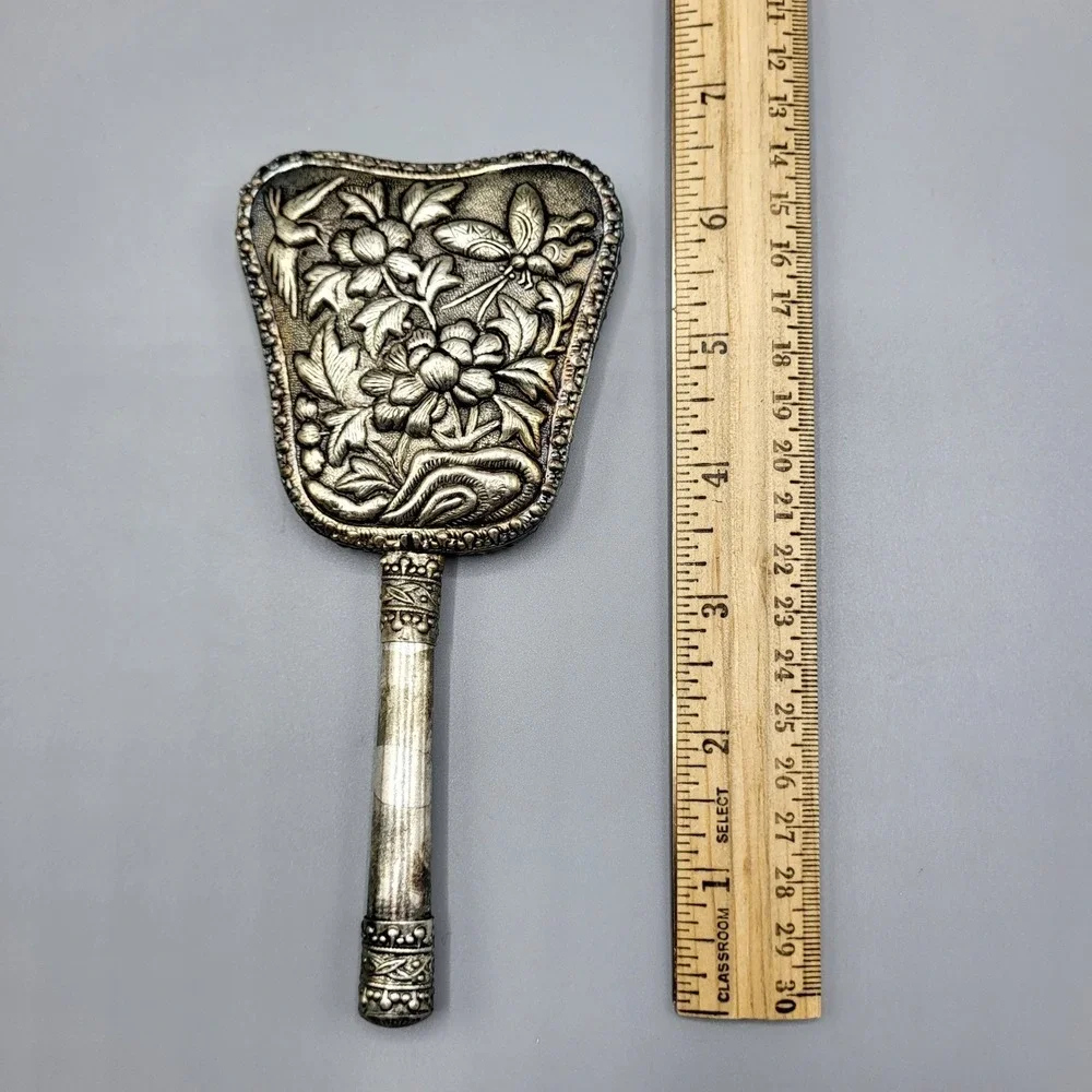 Vintage Hand Mirror Repousse Floral Dragonfly Silver Tone Ornate 6.5